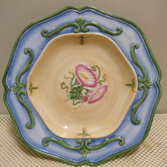 Fitz & Floyd 11.25" Dinner Plate X4 Halcyon Pink Floral Blue Trim Hand-Painted - Picture 2 of 5